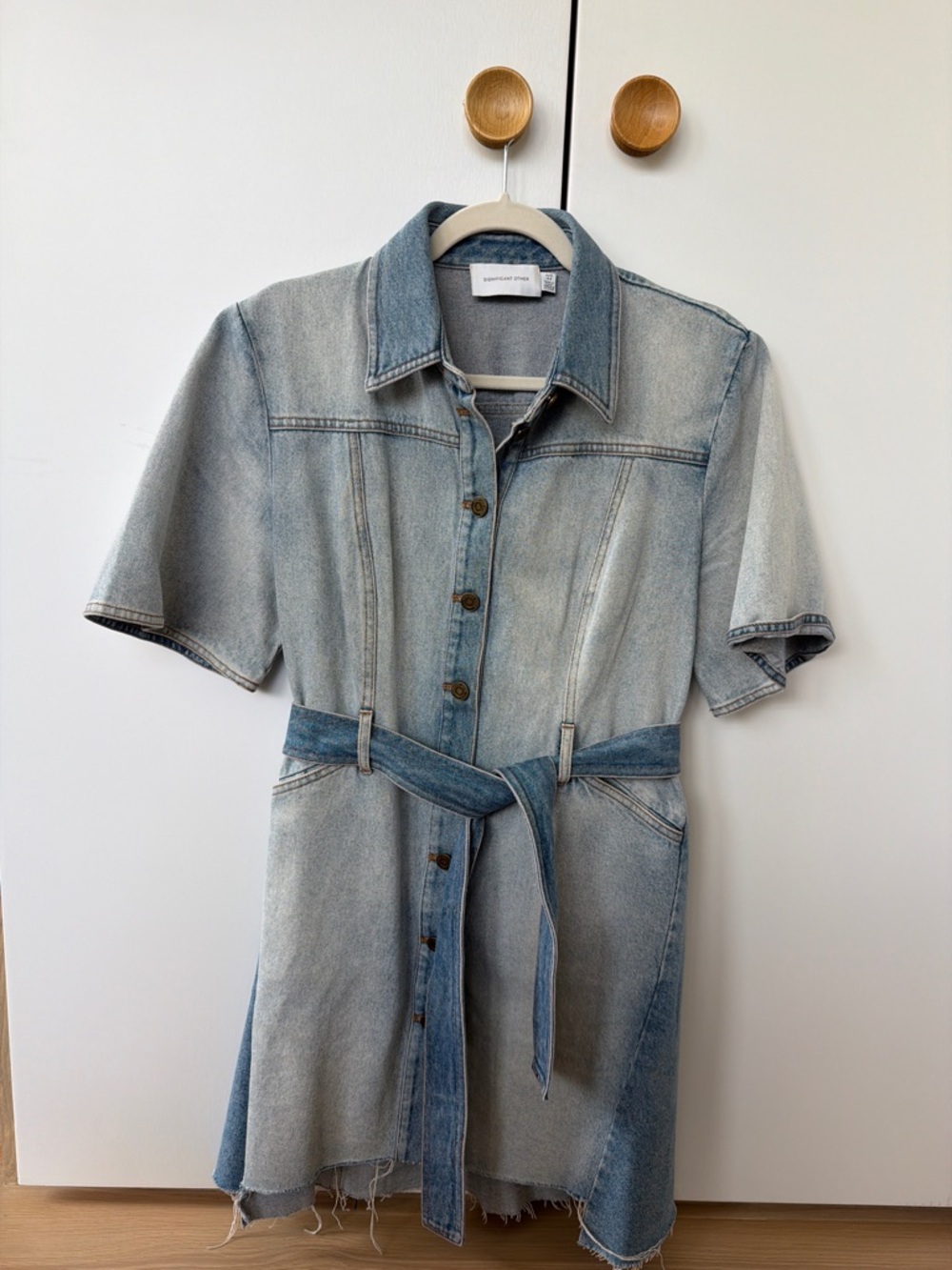 Short Sleeve Light Wash Denim Shirt Dress with Tie